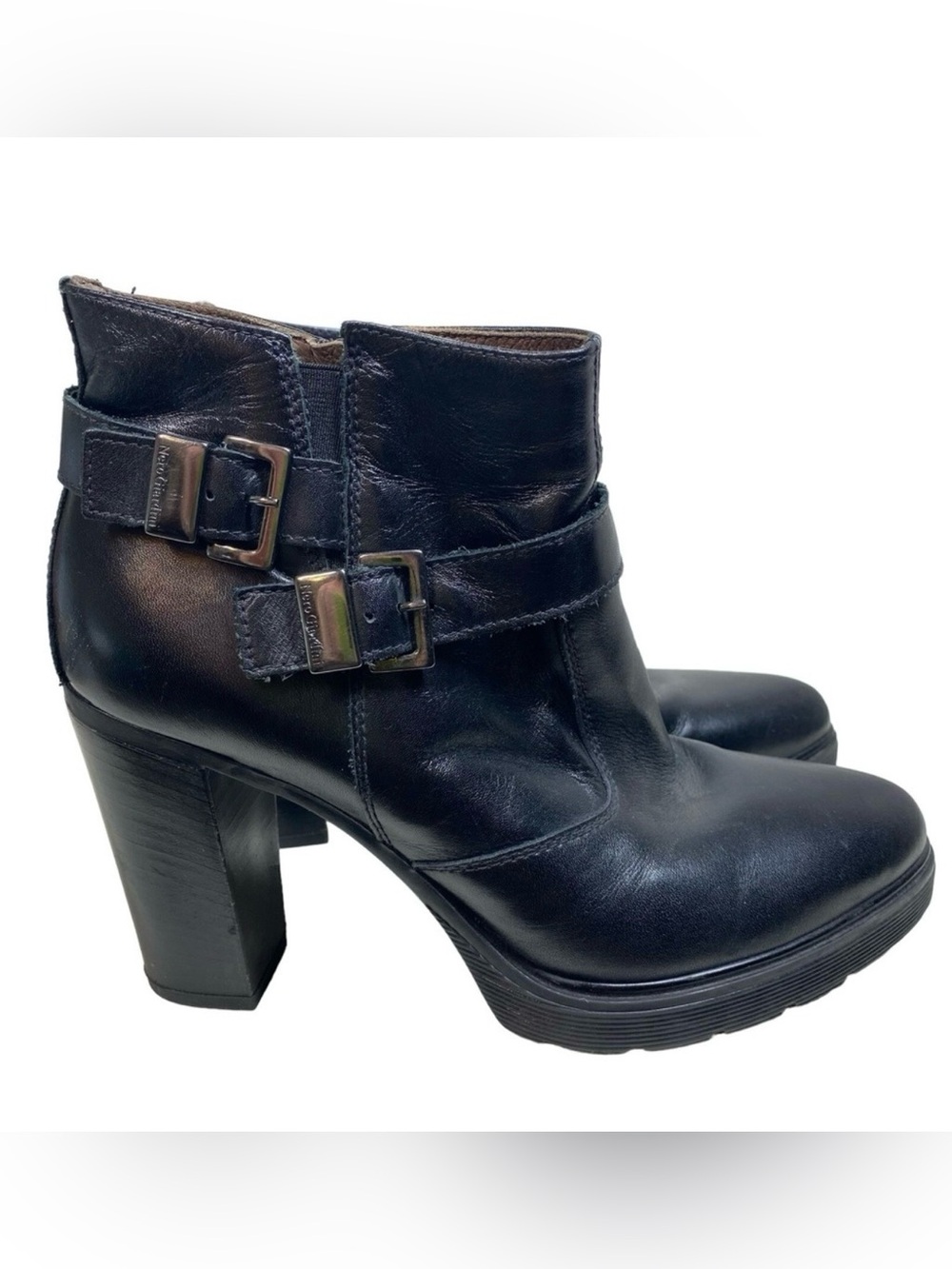 NeroGiardini Women 39 US 8.5 Black Leather Platform Buckle Ankle Boots Italy